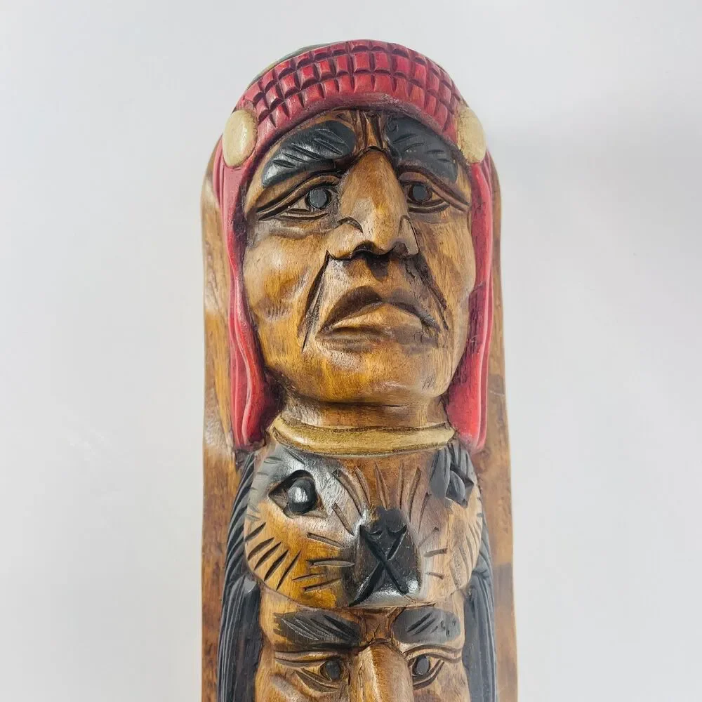Native American 3-Face Wood Totem Pole Beaver Hand Carved Sculpture 16